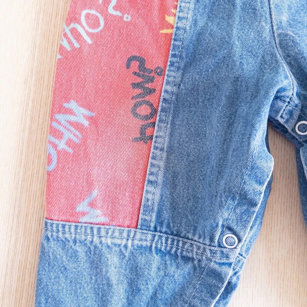 Vintage Cache-Cache Overalls Blue Denim Colorblock Question Print Kids 24 Months